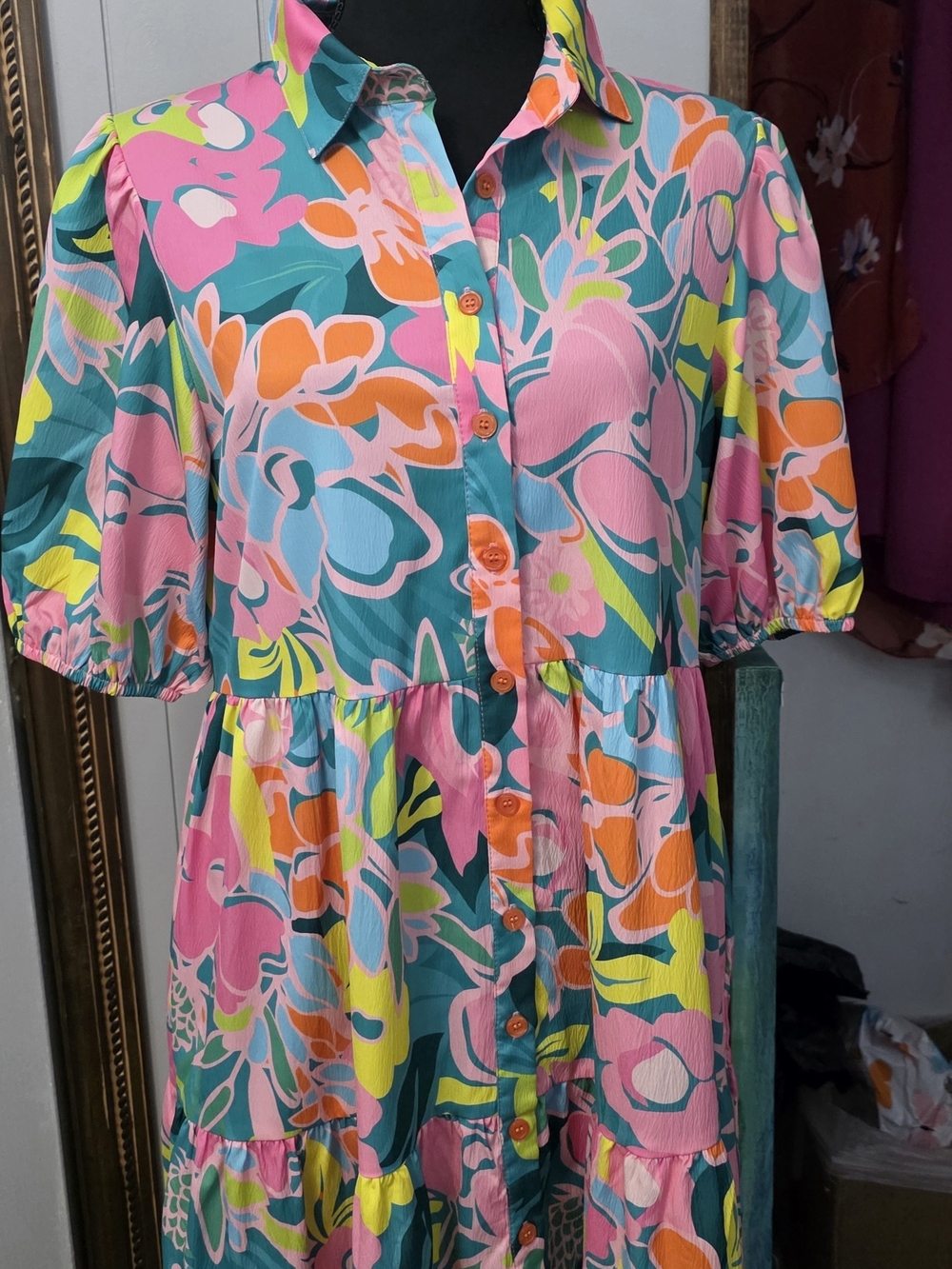 Floral Button-Front Midi Dress in Pink, Teal & Orange Unbranded No Tags